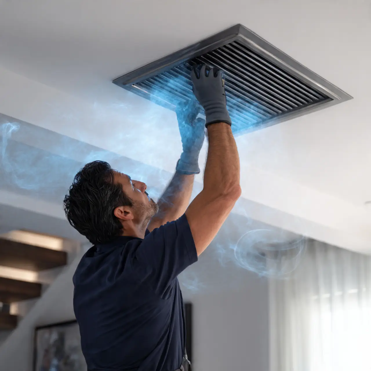 HVAC technician cleaning ceiling vent with precision tools to improve airflow
